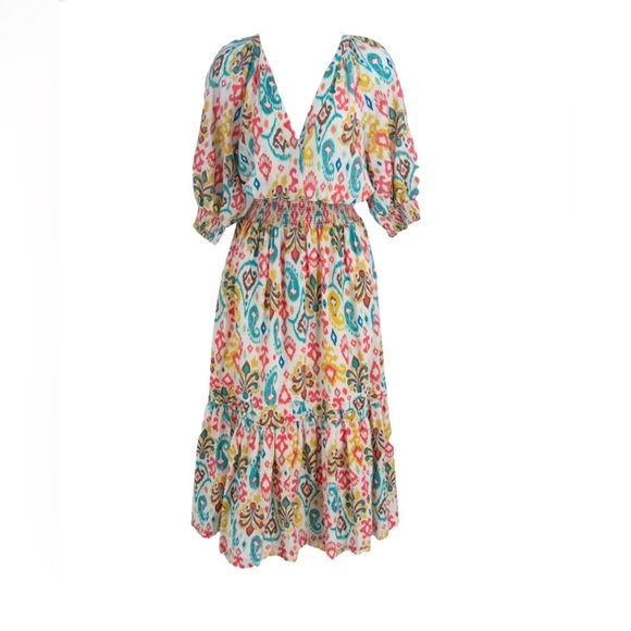 Anthropologie Maxi Dress Felipa Ikat Printed Multicolor Puff Sleeve! XS - Picture 8 of 10